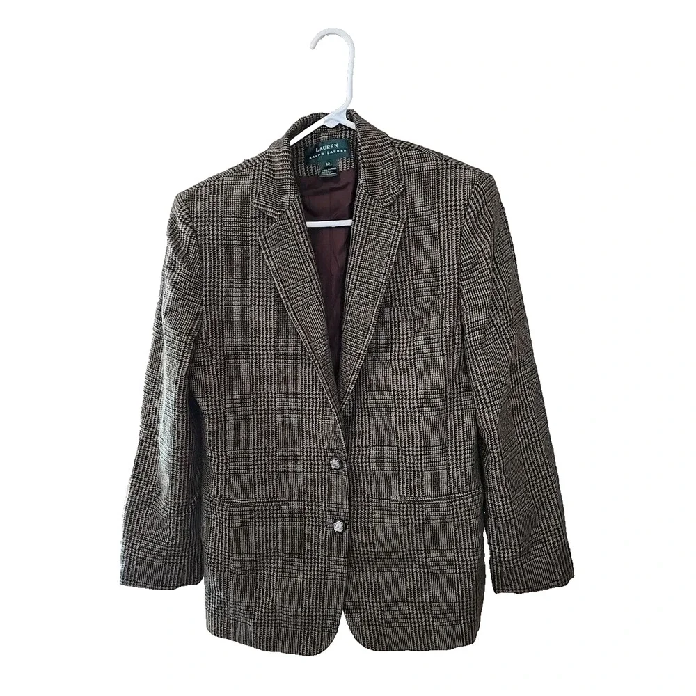 Lauren Ralph Lauren Plaid Linen Alpaca 2-Buttons Elbow‎ Patch Blazer Womans 12